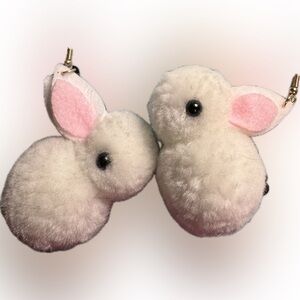 Plush fleece white pink bunny rabbit dangle hook earrings